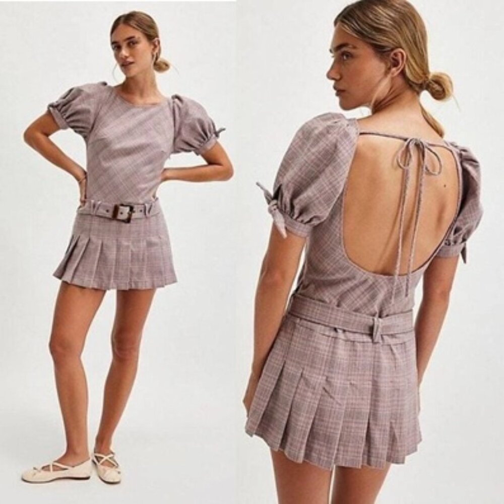 NEW Free People Sevi Plaid Mini Dress Puff Short Sleeve Gray Pink Combo Belted